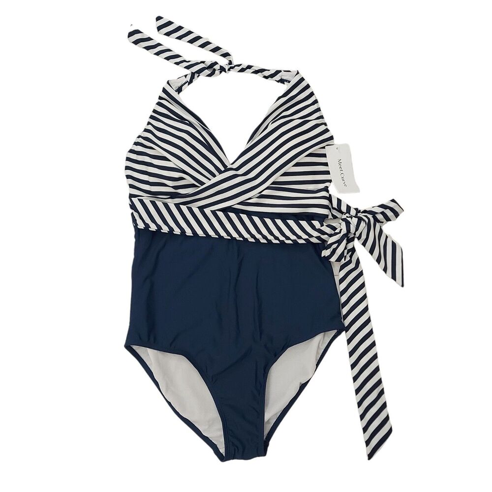 Meet Curve Swimsuit Womens Large Blue Fashion Faux Wrap Halter One Piece Stripes